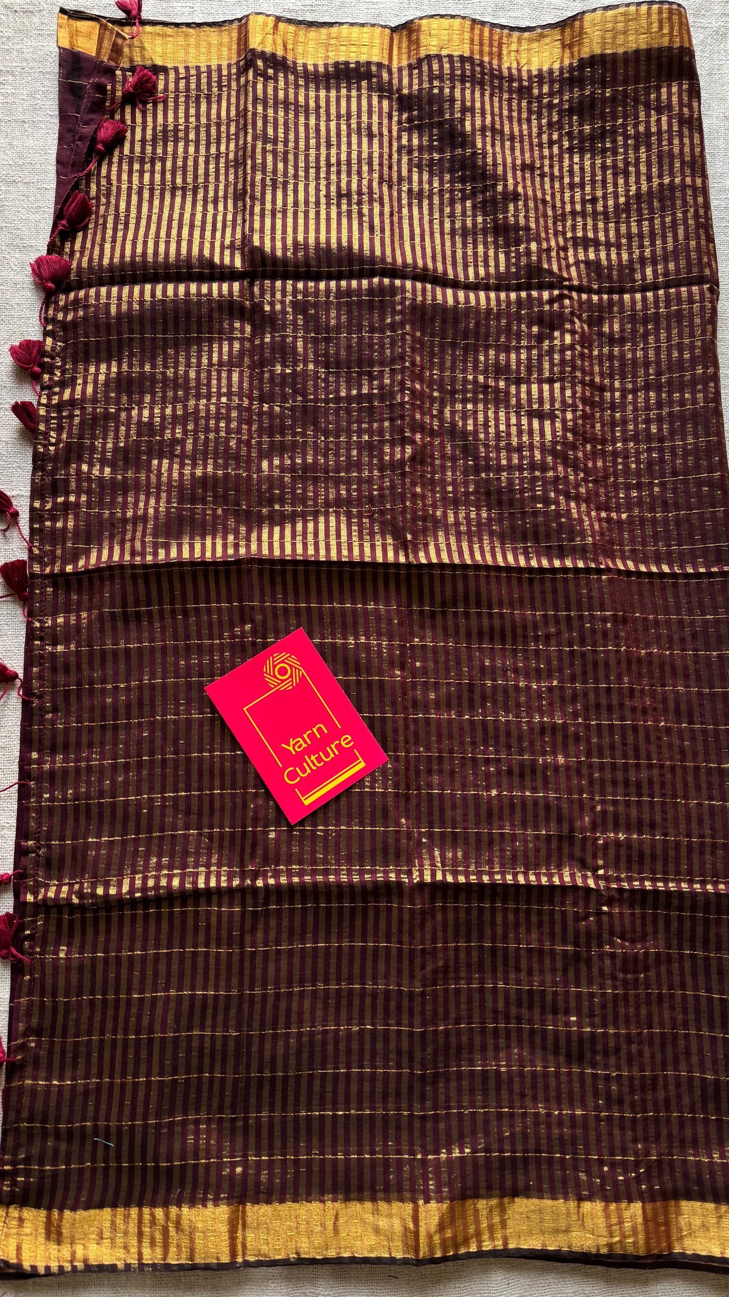 Dark maroon mul with gold checks and zari border - YCBCMCJA06