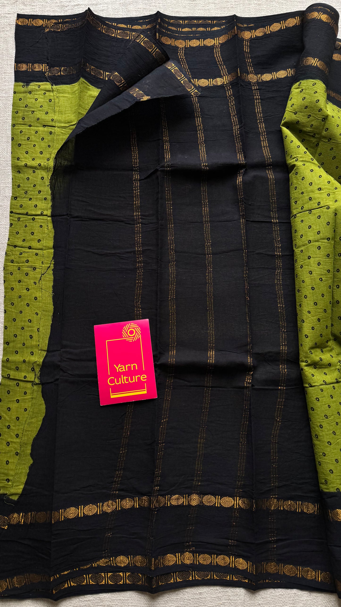 Green with black, sungudi motif and rudraksham border, madurai soft cotton - YCCOTNAUSC03