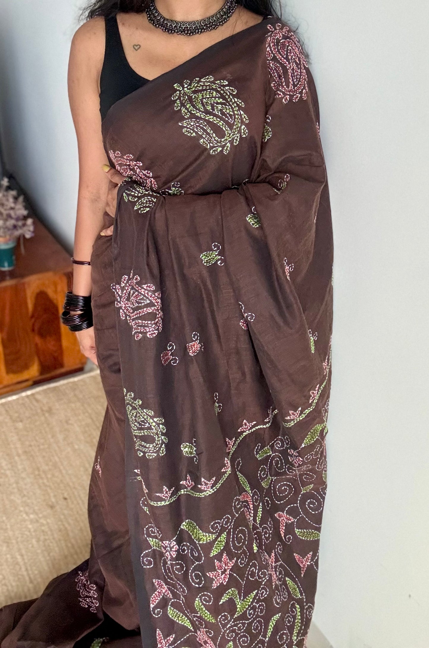 Mrittikar Gondho (মৃত্তিকার গন্ধ) - The Scent of Soil, dark brown kantha weave in soft khadi cotton - YCBCSEKC04