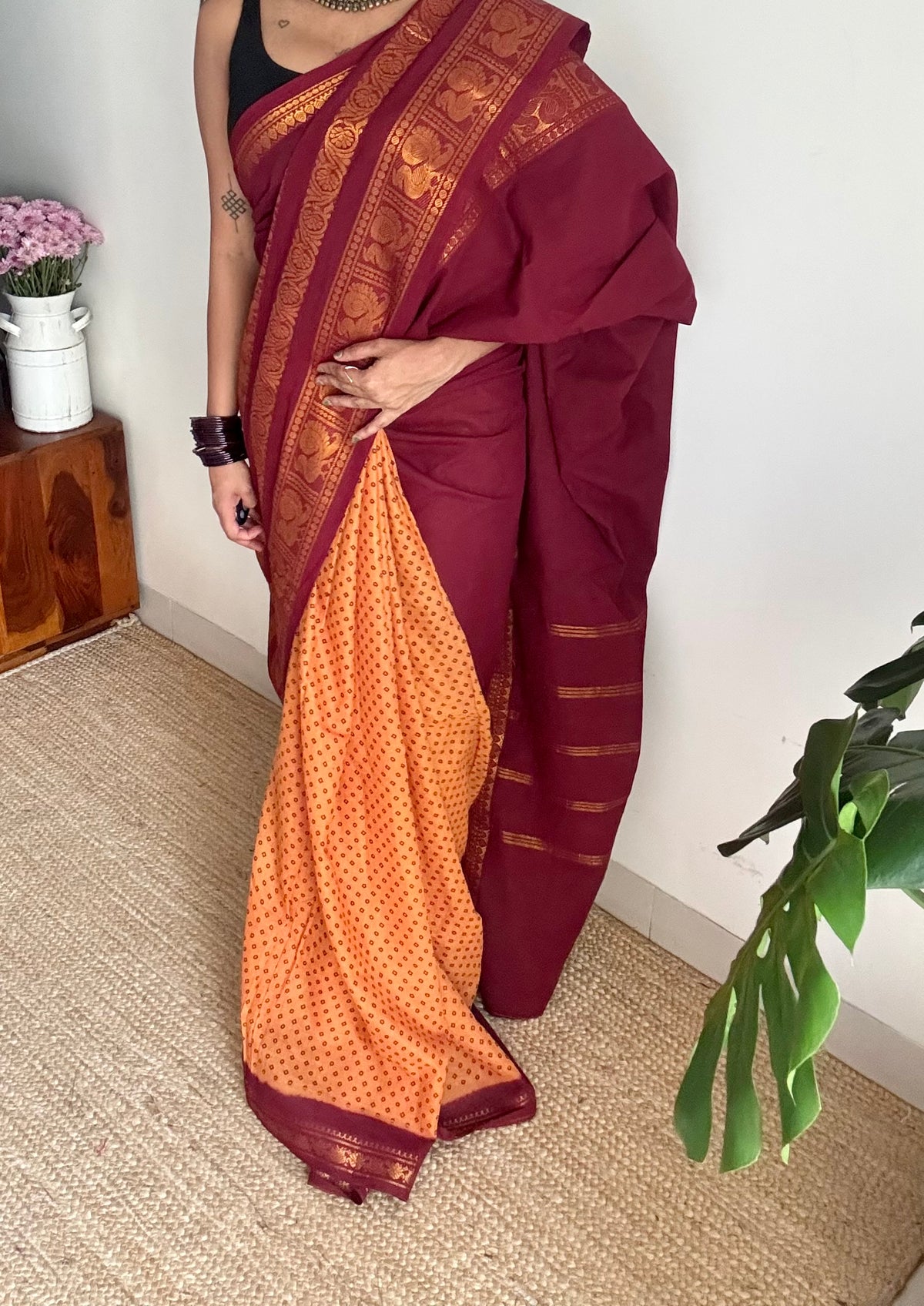 Maroon with light orange, sungudi and chettinad cotton half and half saree - YCCOTNIDOC130