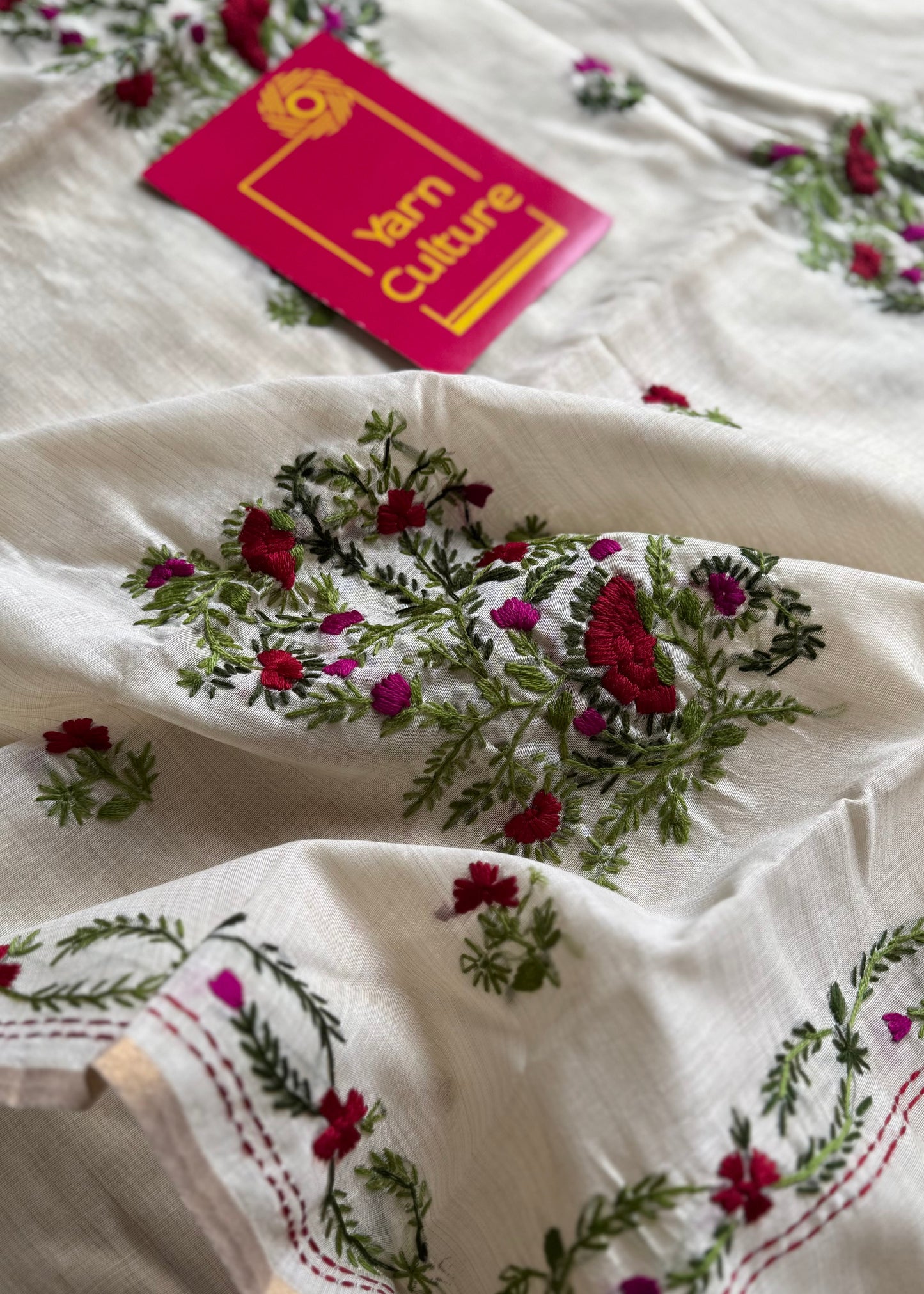 Ivory maheshwari cotton silk blend with red and magenta floral kantha threadwork - YCBLJULMK02