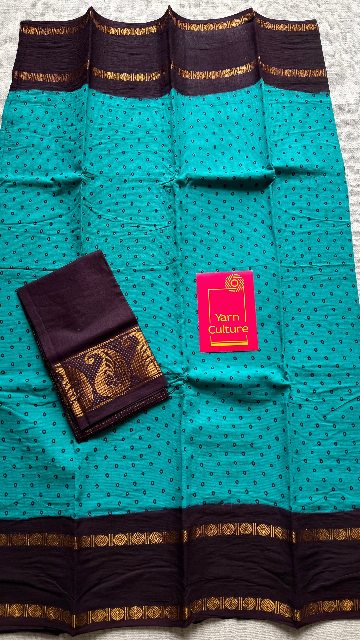 Turquoise with brown, sungudi motif and rudraksham border, madurai soft cotton - YCCOTNAUSC05