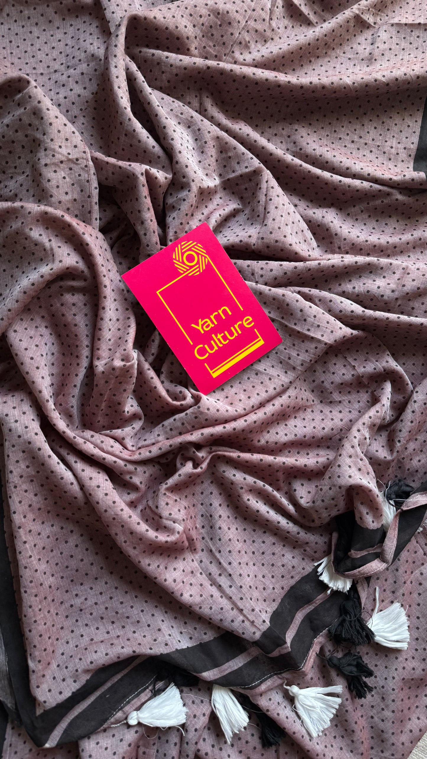 Warm greyish pink with black polka dots mul cotton saree - YCBCMCAP50