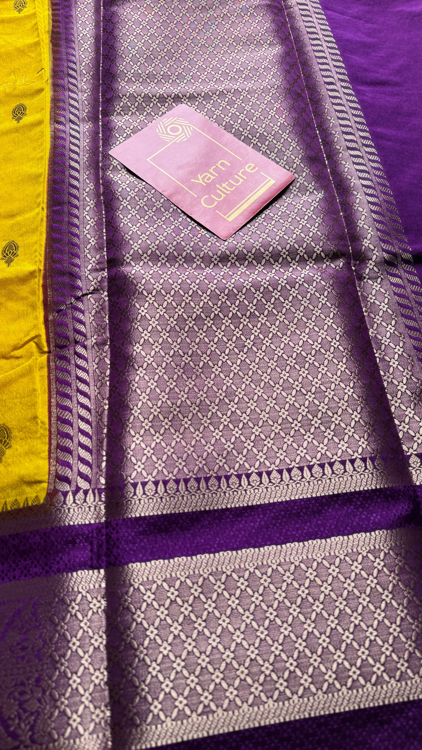 Yellow with purple border, Banarasi semi-silk - YCDESE03