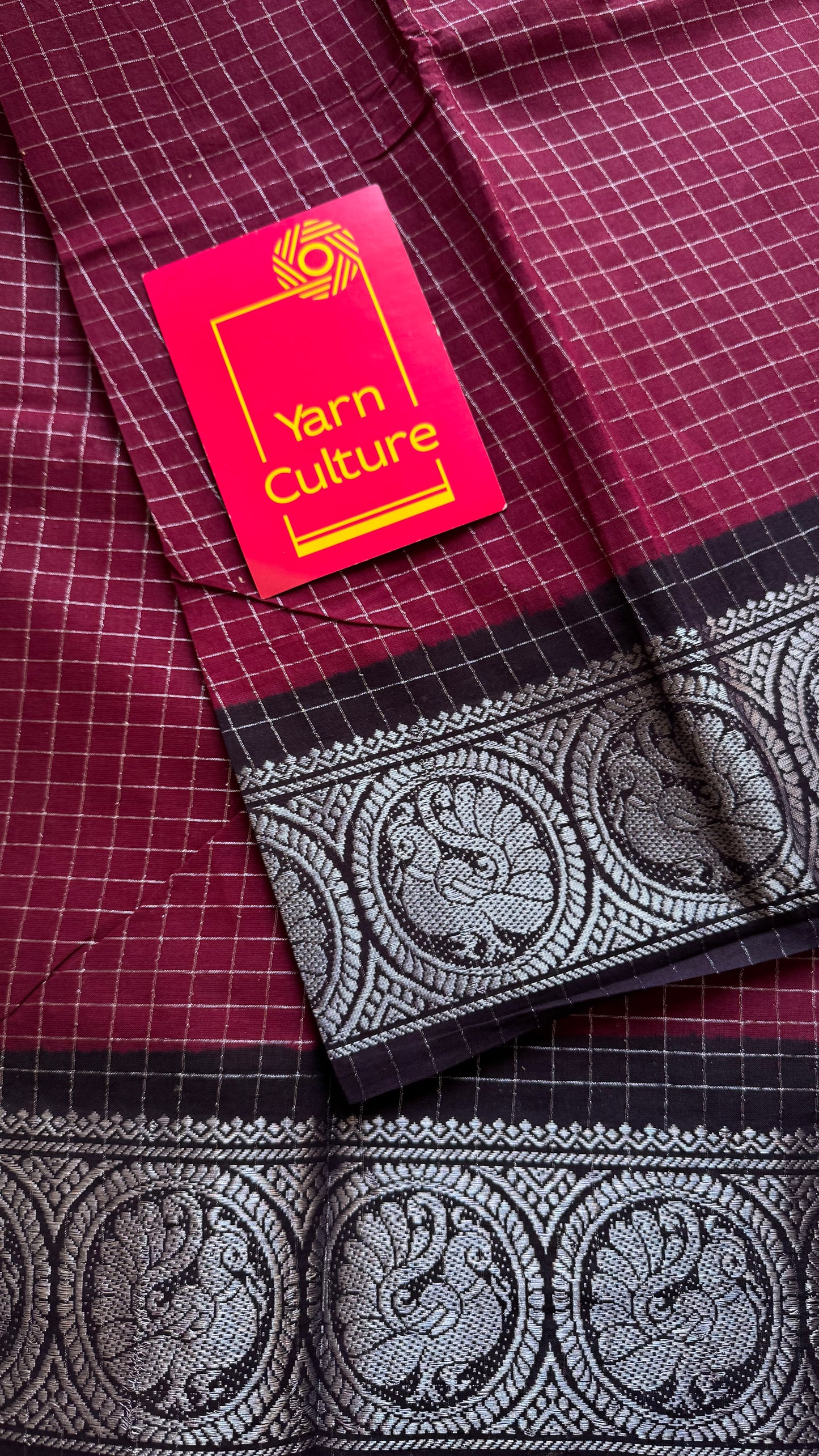 Dark wine with black, silver zari checkered sungudi, kattuchayam dyed madurai cotton - YCCOTNMSAP103