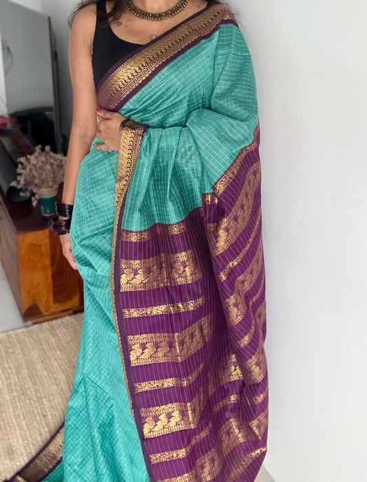 Turquoise with dark wine, checks - cotton silk - YCCOTNOCKC38