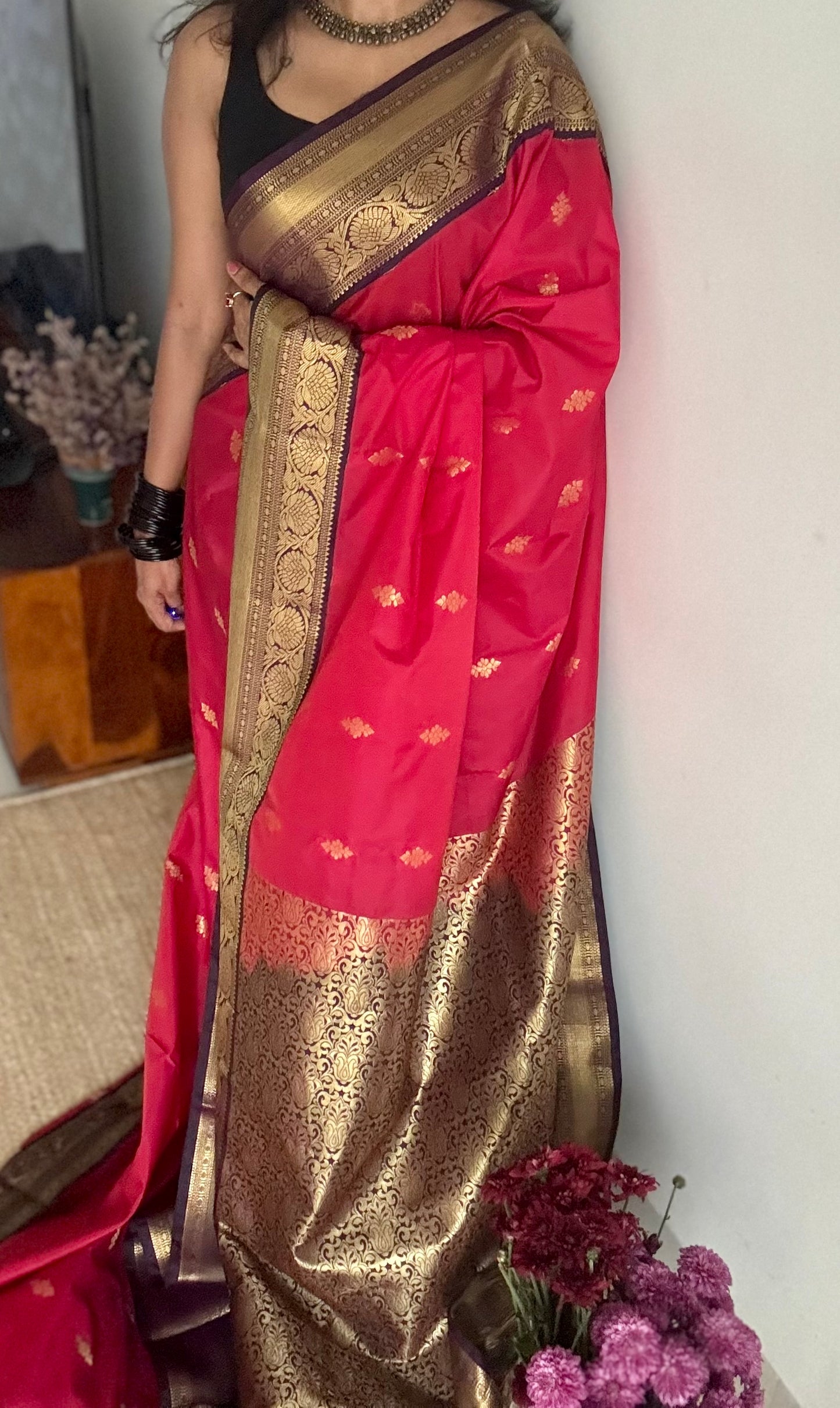 Vamika - rani pink with deep grape purple, handloom korvai semi silk - YCCOTNFEJUKS05