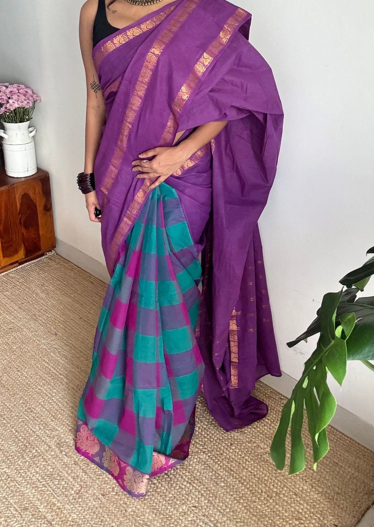 Purple with multicoloured checks, sungudi and chettinad cotton half and half saree - YCCOTNIDOC133