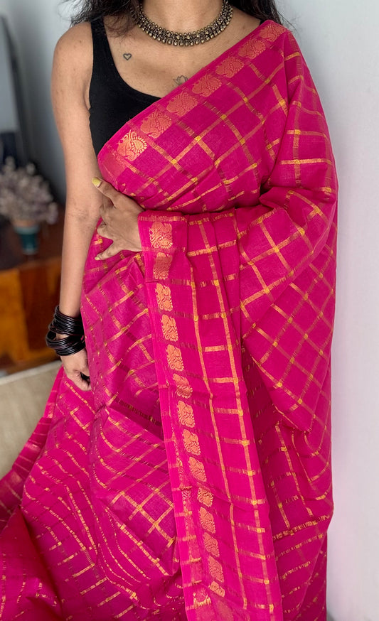 Hot pink pavithra kattam sungudi, madurai cotton - YCCOTNSEMS95
