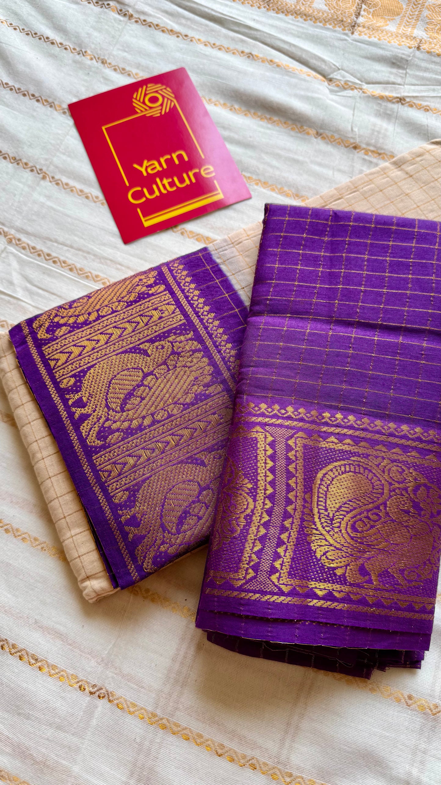 Ivory with purple contrast zari checkered sungudi, kattuchayam dyed madurai cotton - YCIEON95