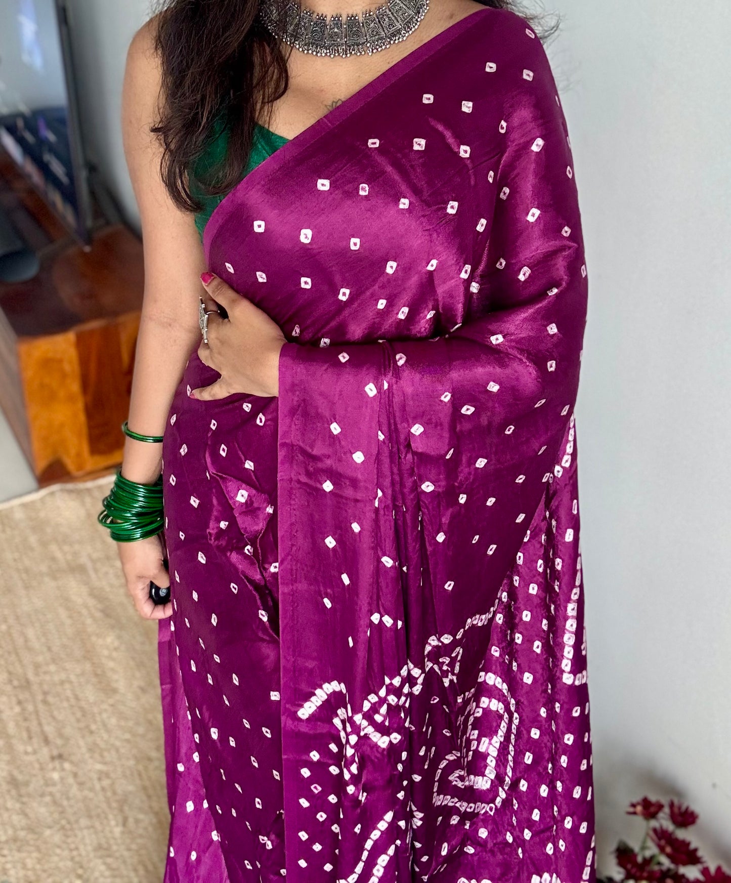 Wine crushed bandhani modal silk with lagdi patta (zari pallu) - YCDESE29