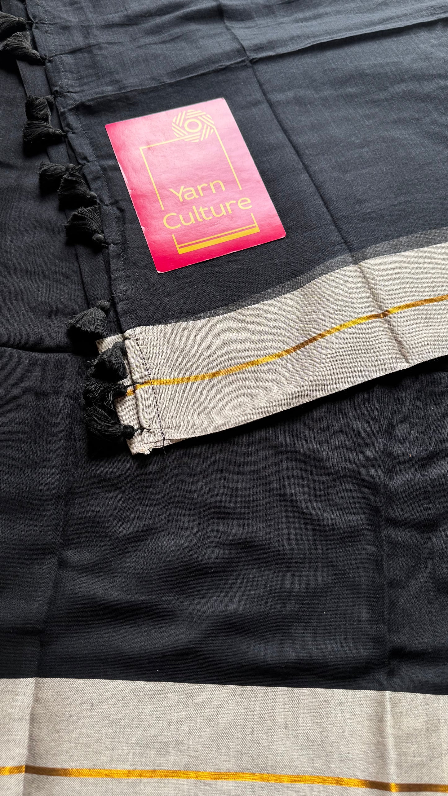 Black with grey border mul, thin antique gold zari gap border - YCBCMCLSE43