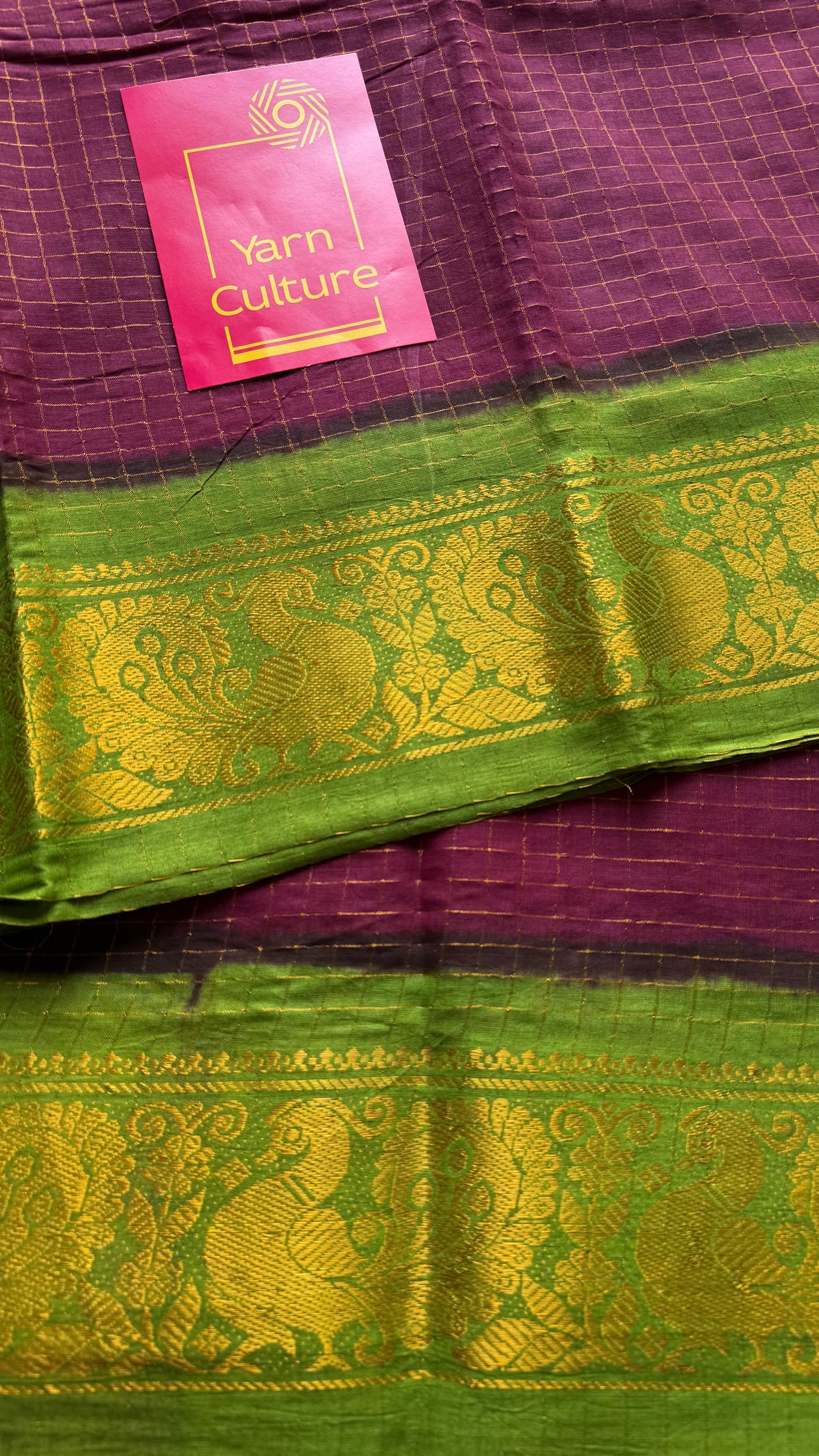 Wine with green checkered sungudi, madurai cotton - YCCOTNOCSC25