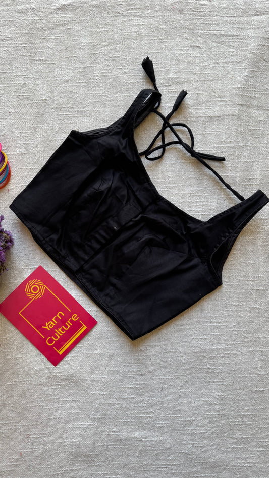 Black sleeveless cotton silk stitched blouse, front open, non-padded - YCSESB60