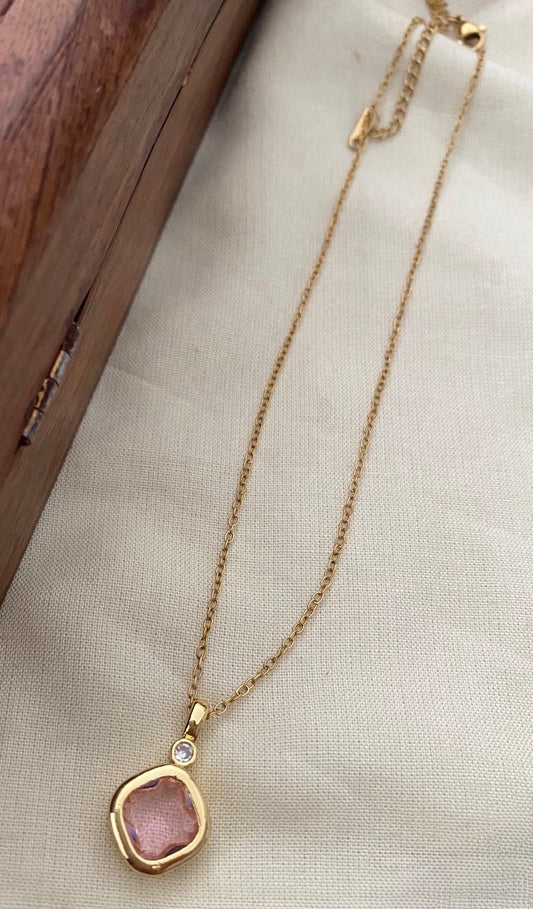 Gold plated chain, pink stone pendant - YCGPC245