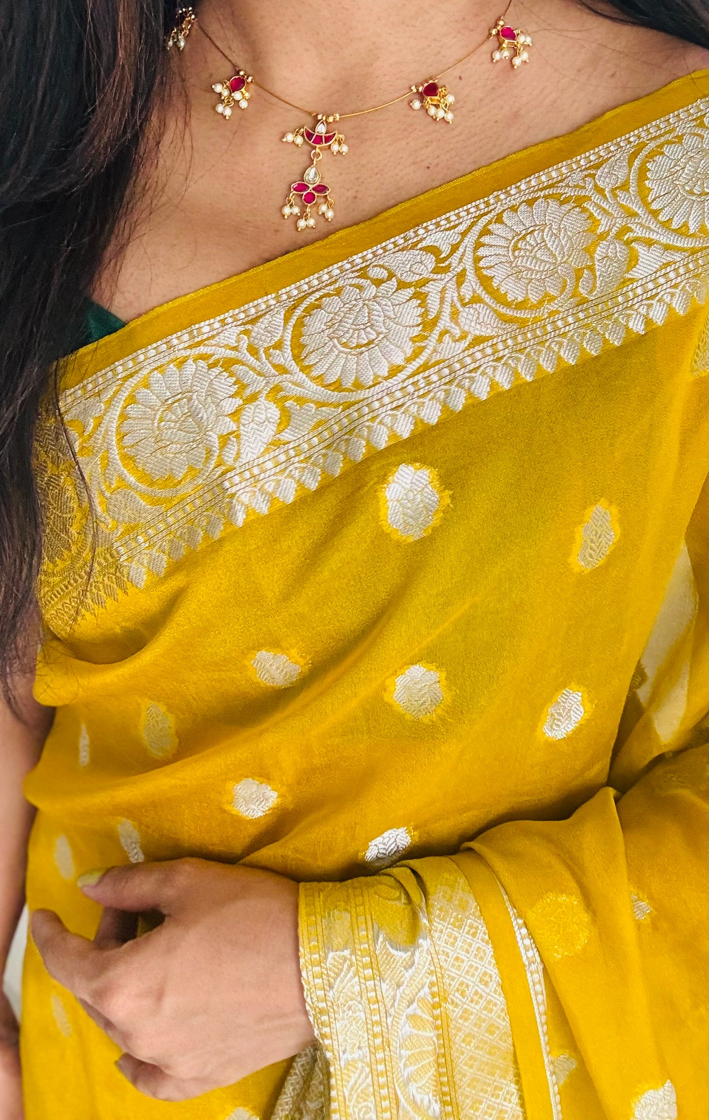 Invisible neckchain with jadau kundan stones & pearl hangings - ruby, white - YCGPNP691