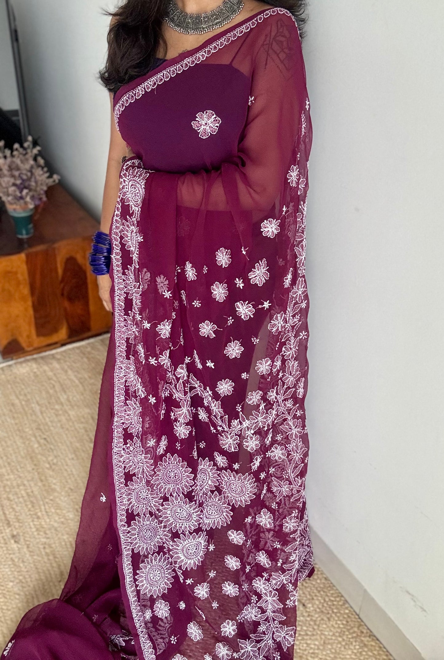 Gehra Gulaab (deep rose) - Deep Wine Chikankari, georgette YCSLCJULCK02