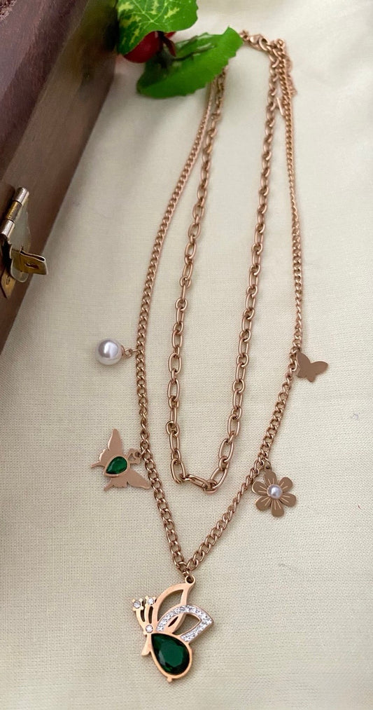 Rose gold plated, doube layered chain with charms - YCGPC255