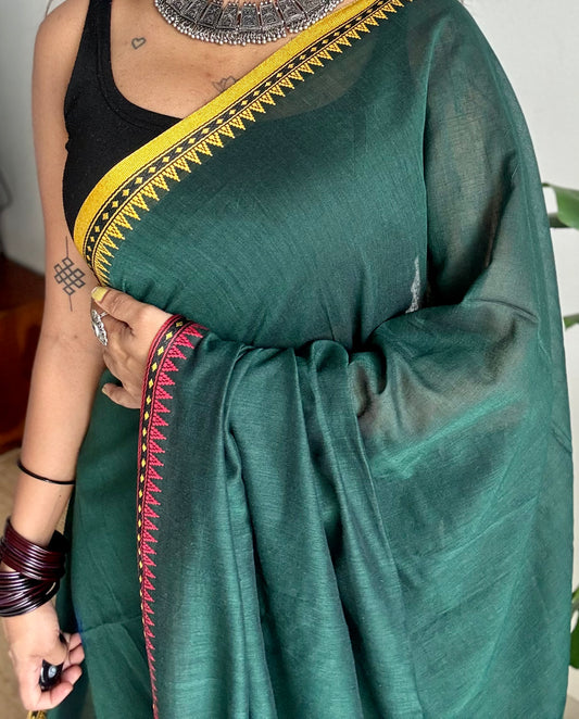 Handloom Bengal soft cotton saree, dark green with yellow and red woven dual tone borders - YCBCMCSE41