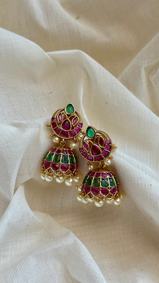 Ruby green white stone and pearls jhumka 2 - YCGPER826