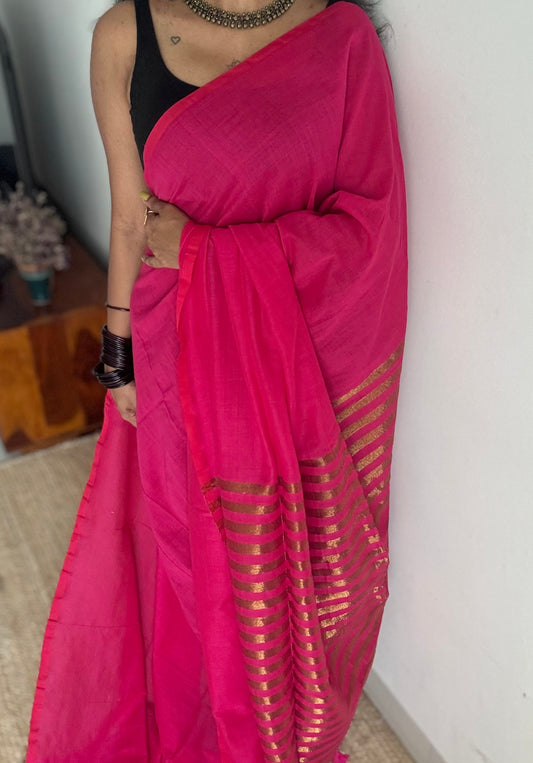 Hot pink with antique gold pallu, soft cotton- YCBCKZPSE03