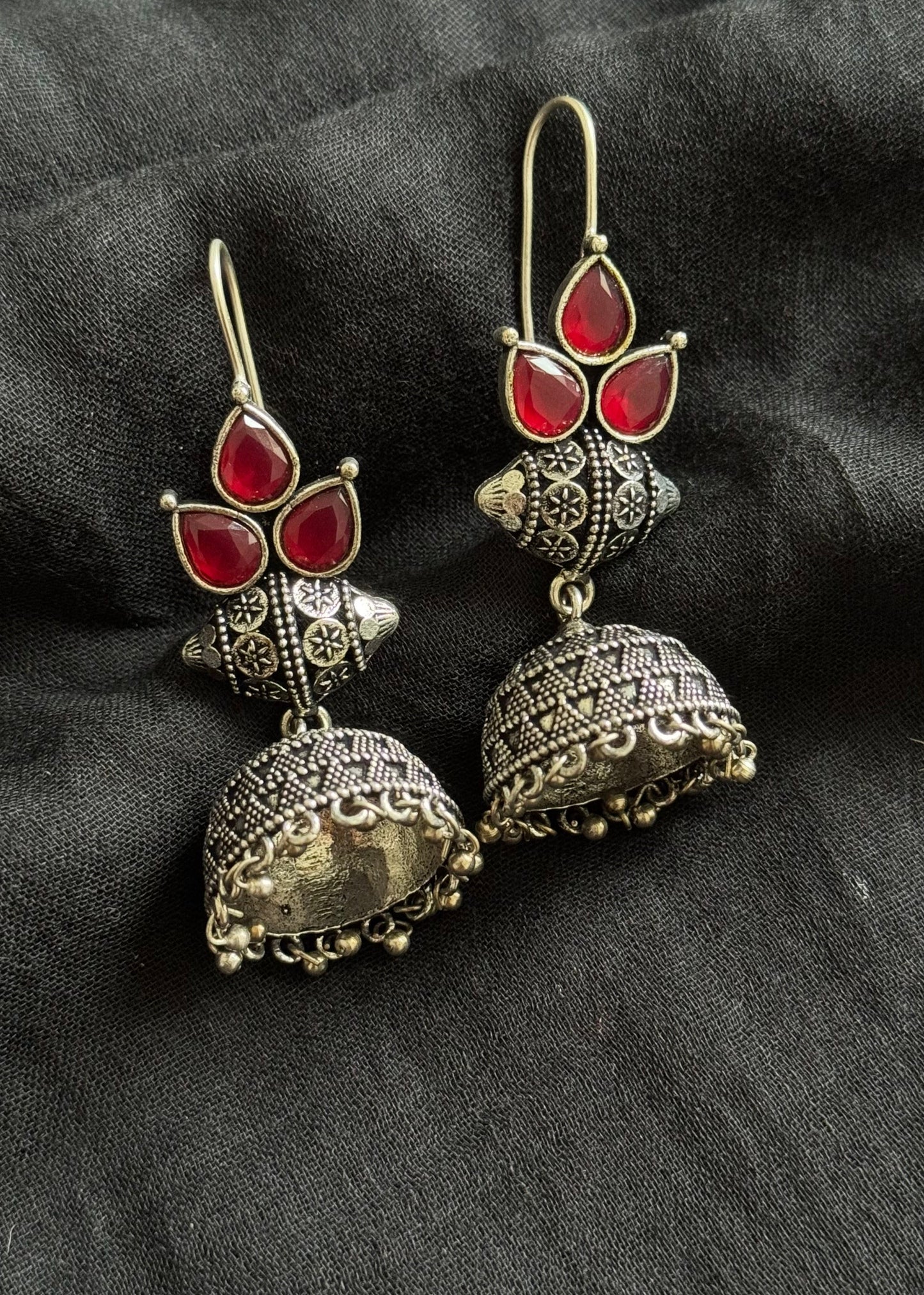 Oxidised silver hook earrings, red stone - YCOSED250
