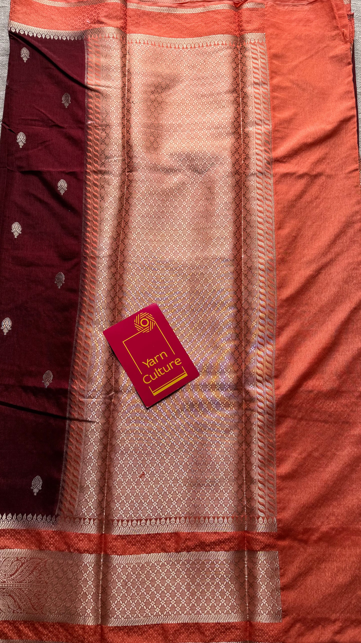 Maroon with peach border, Banarasi semi-silk - YCDESE02