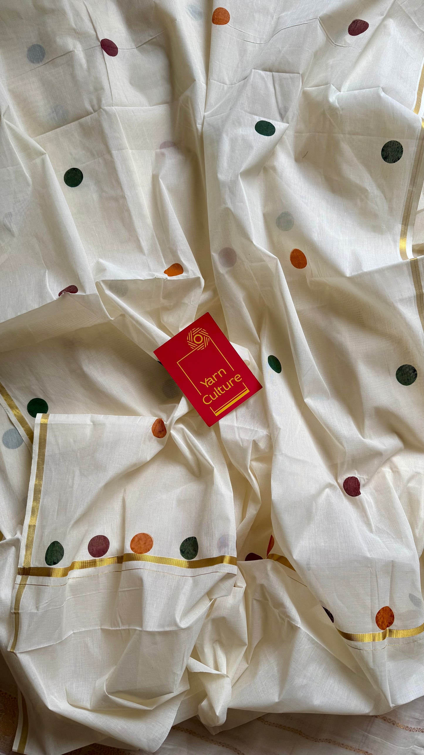 Ivory and gold soft cotton thin border kasavu saree, maroon, green and mustard polka - YCIEON74