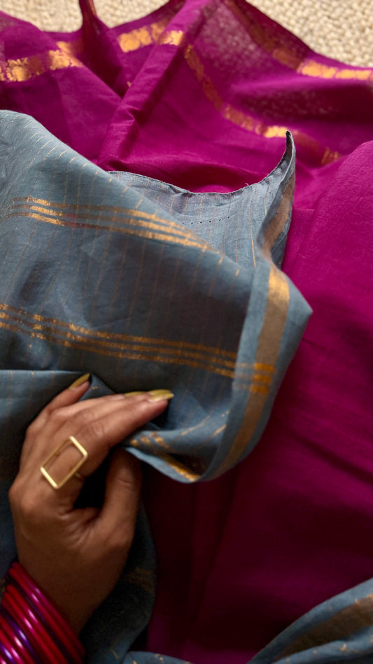 Mallinila (மல்லிநிலா): grey with vaadamalli purple pink, sungudi cotton - YCENOID14