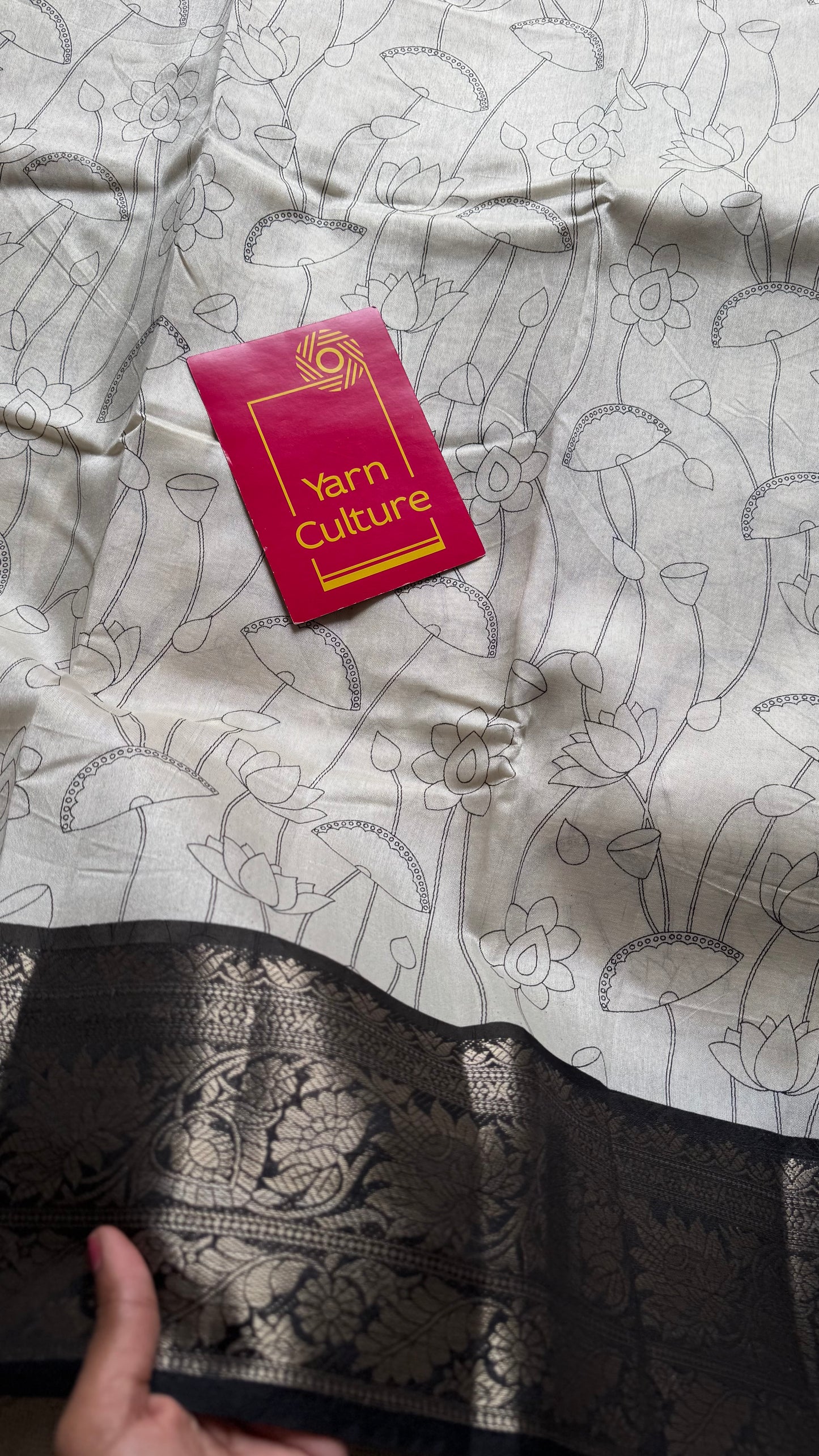 Off white and black, printed kalamkari, lotus motif, semi-tussar - YCWOTDSTK05