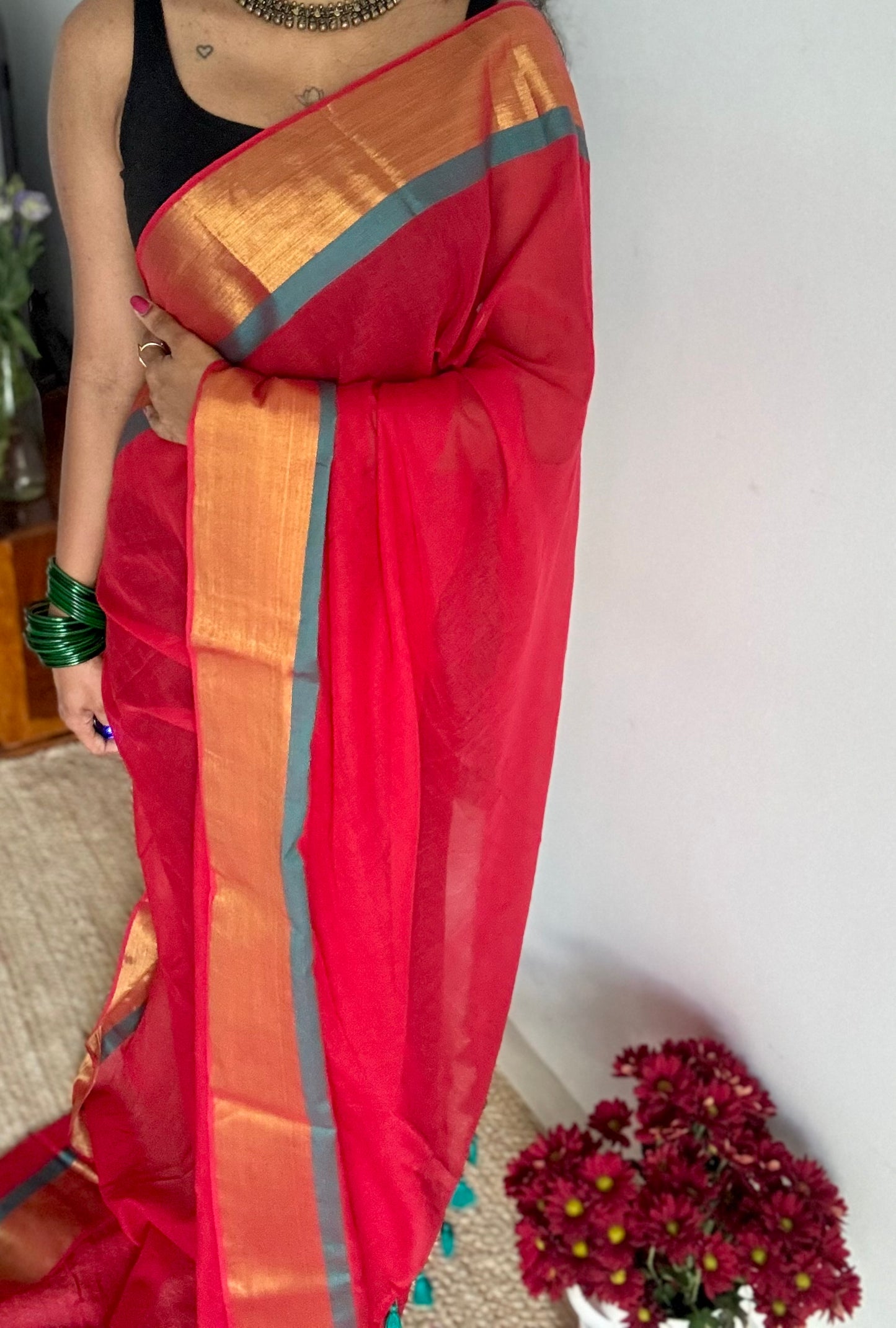 Red mul with green and antique gold zari border - YCBCMCLSE26
