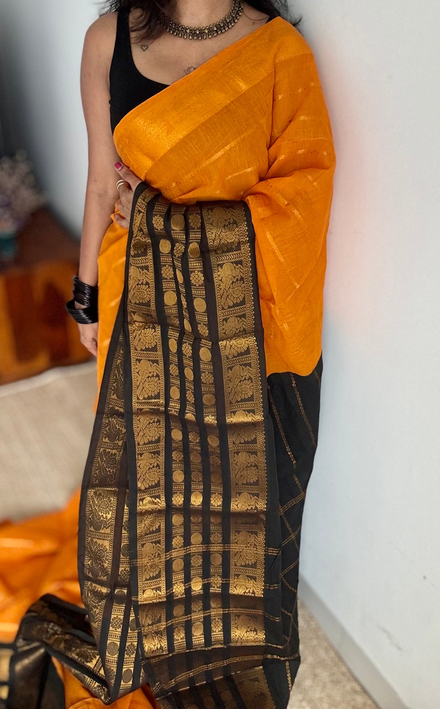 Turmeric yellow (towards orange) with black, peacock rudraksham motif, single side broad zari - madurai kattuchayam dyed - YCCOTNAURS16