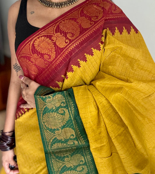 Sungudi cotton checks, mustard yellow base, maroon and dark green dual tone border, soft cotton - YCCOTNMSJUL11