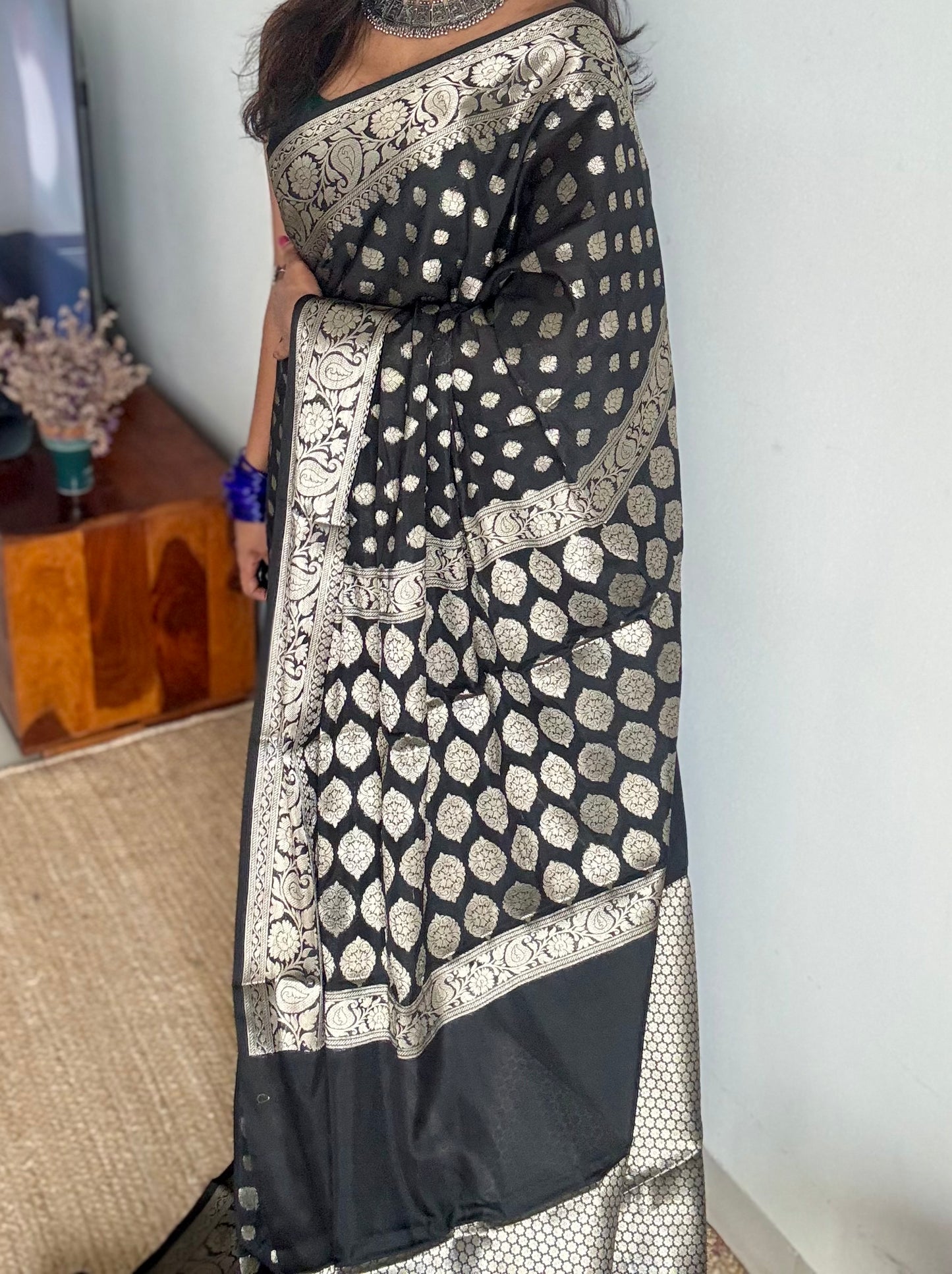 Black, silver buttas and zari, Banarasi semi-silk - YCDESE45
