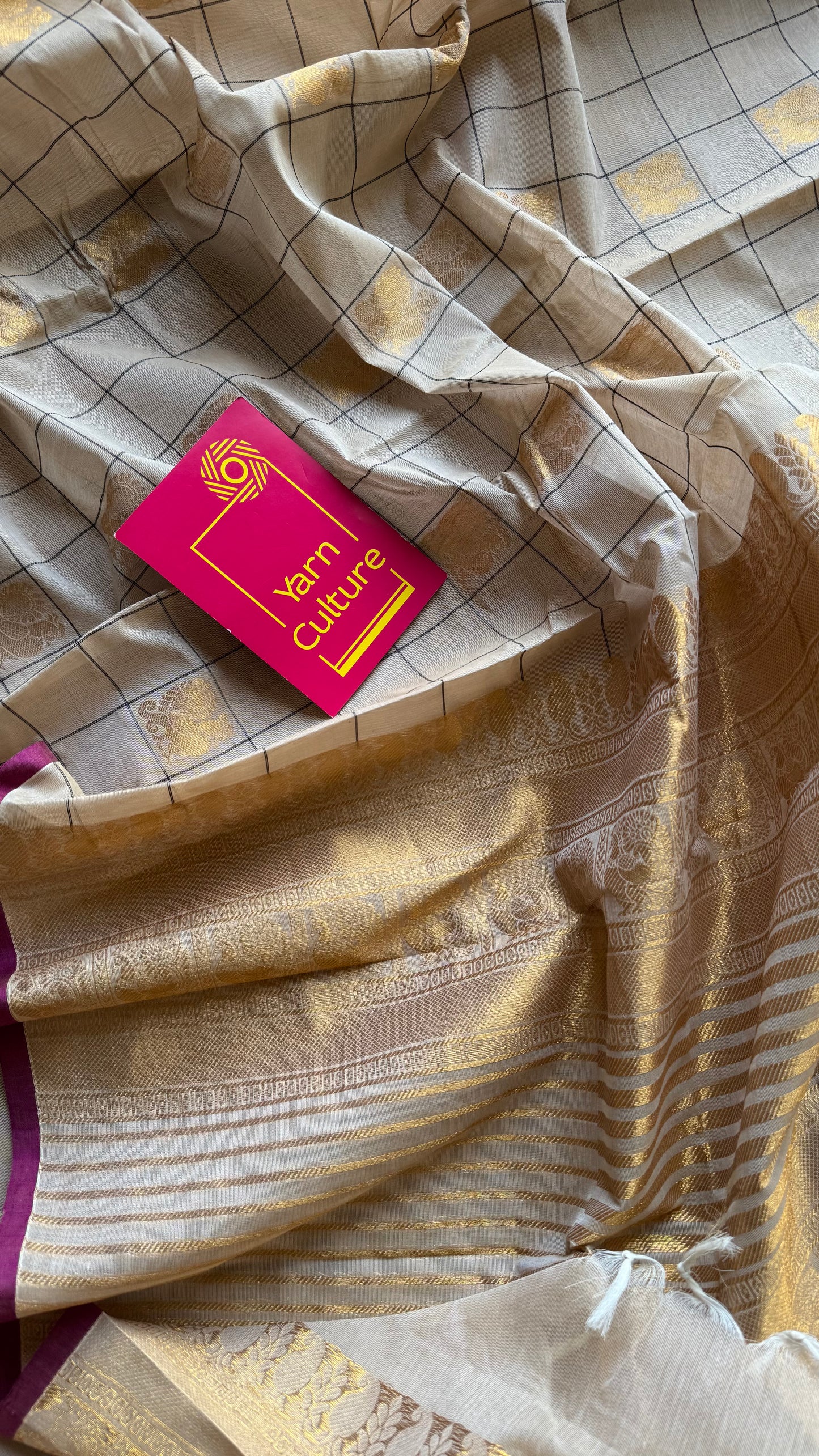 Cream dual tone checks with peacock motifs, kanchi cotton saree - YCCOTNKCFE339