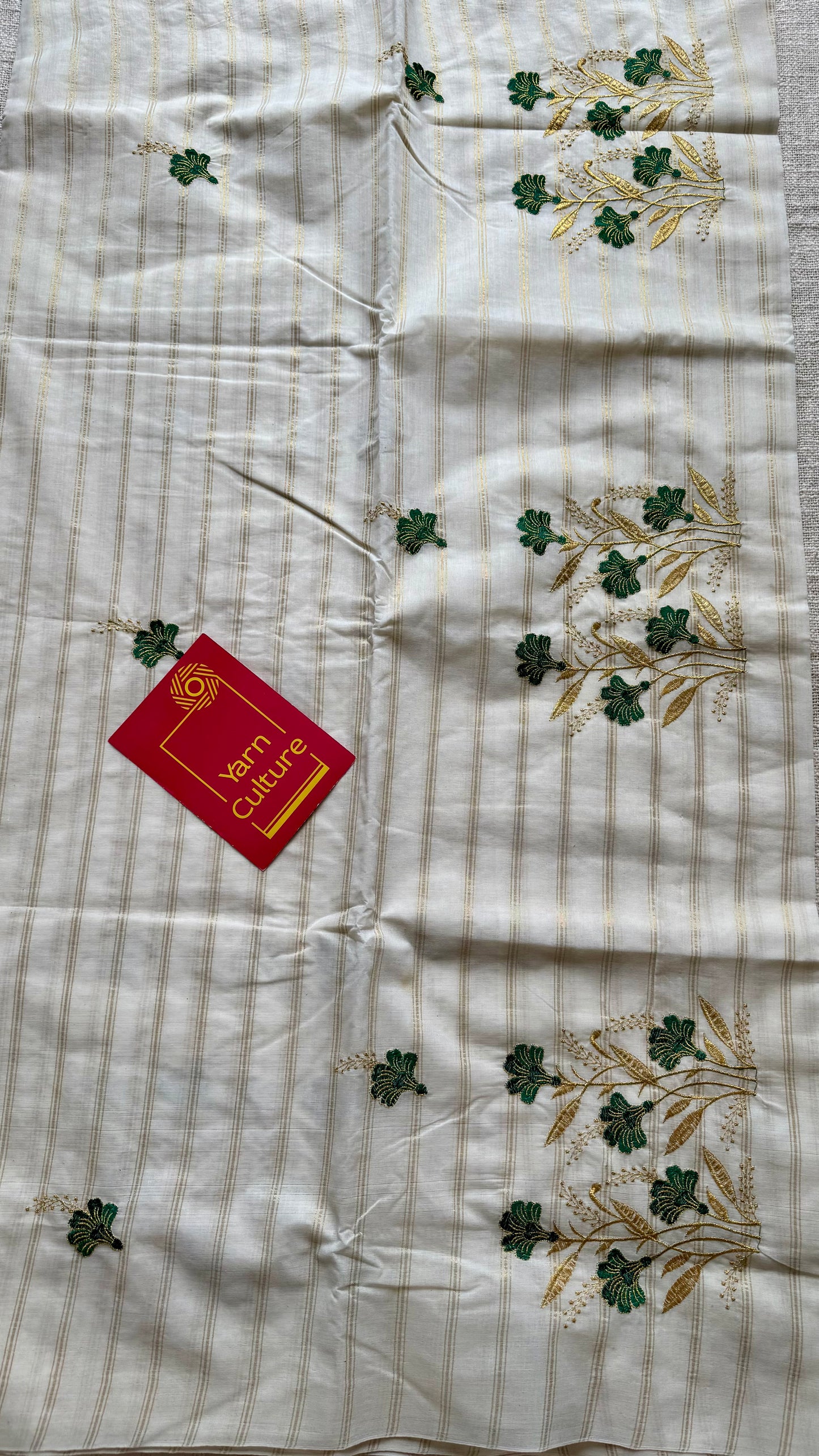 Ivory and gold with green flower embroidery, striped zari, kerala cotton - YCON25KCSFE260