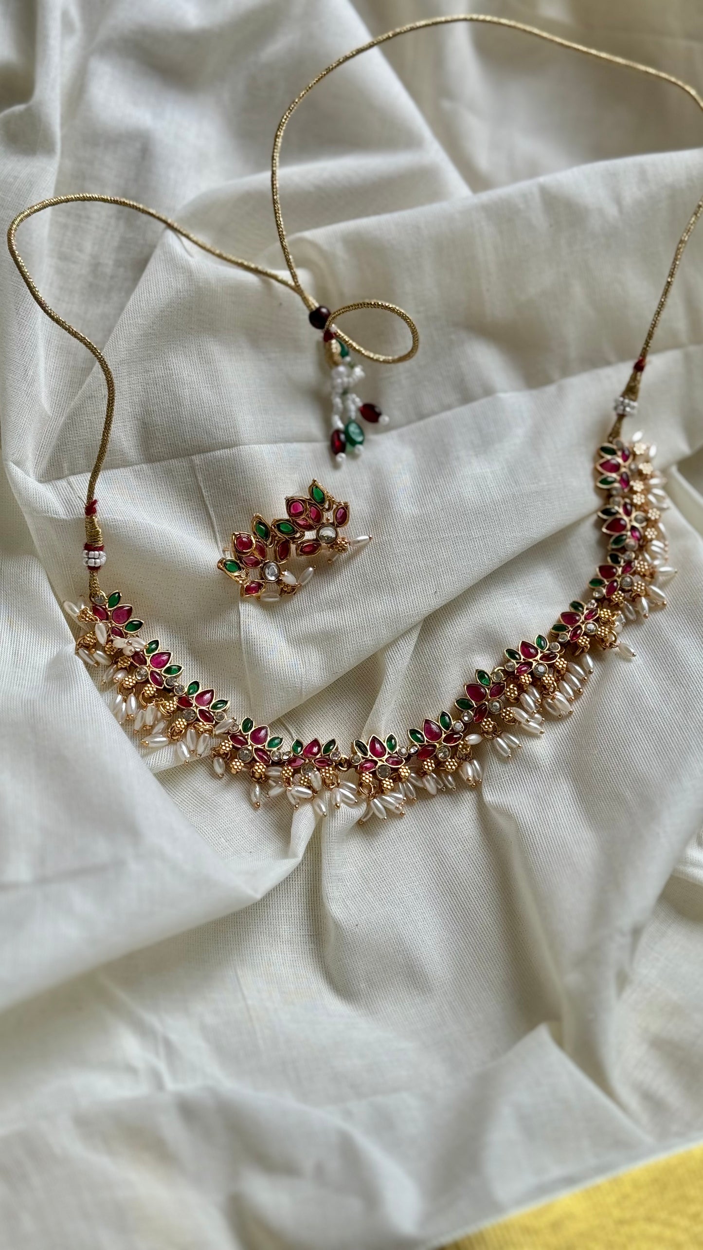 Pink and green lotus necklace with rice pearl drops and earrings - YCAGC133