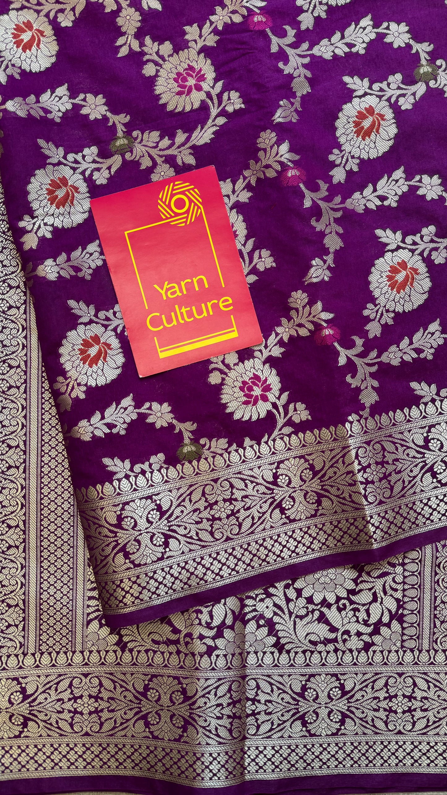 Bright purple meenakari floral pattern in silver zari, Banarasi katan dupion silk - YCDESE10