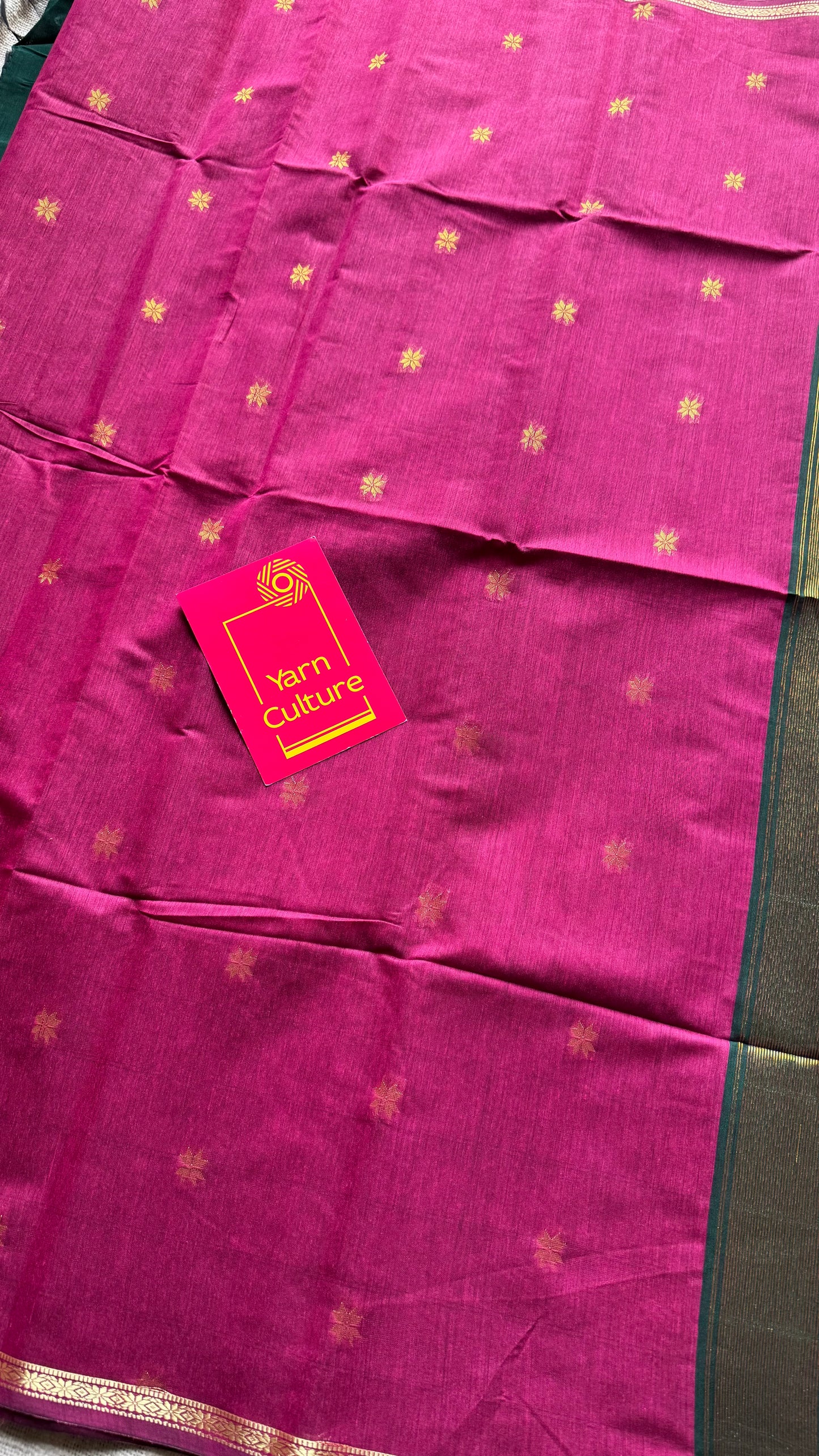 Berry pink with green, gold buttas, semi maheshwari cotton silk - YCCOTNFEJUSM04