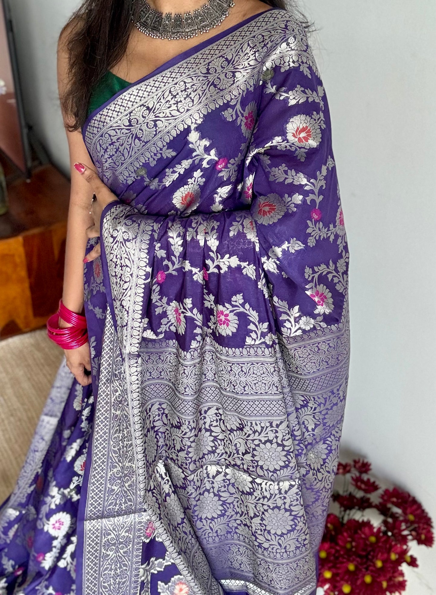 Dark blue meenakari floral pattern in silver zari, Banarasi katan dupion silk - YCDESE12