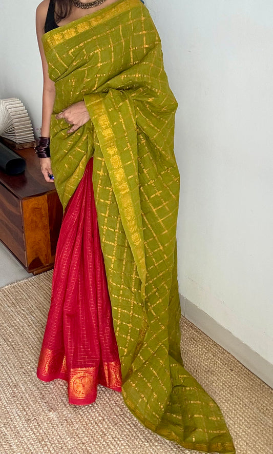 Green with chilli red checks, sungudi cotton half-half saree - YCCOTNIDMA282