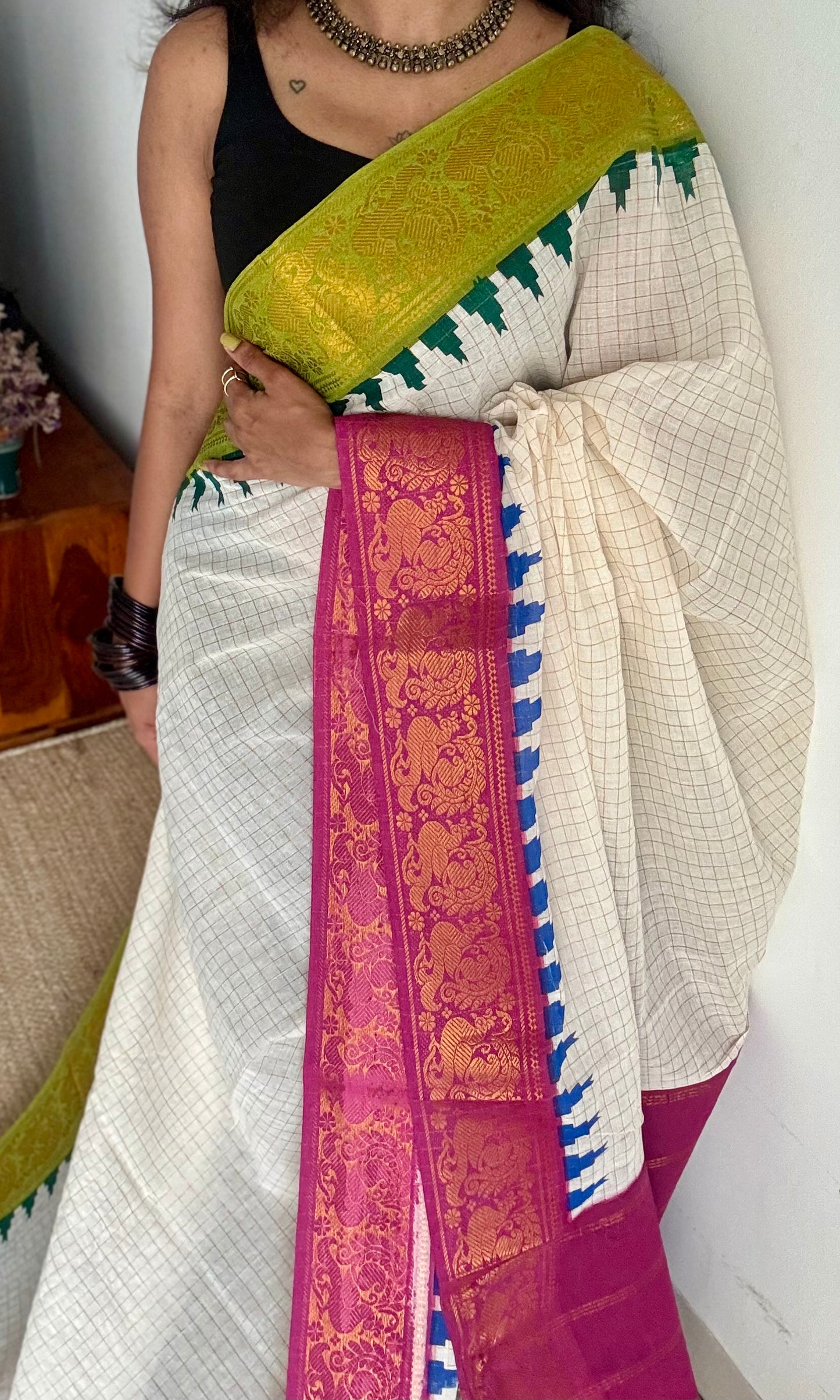 Sungudi cotton checks, ivory gold base, green and magenta dual tone border, soft cotton - YCCOTNSEMS60