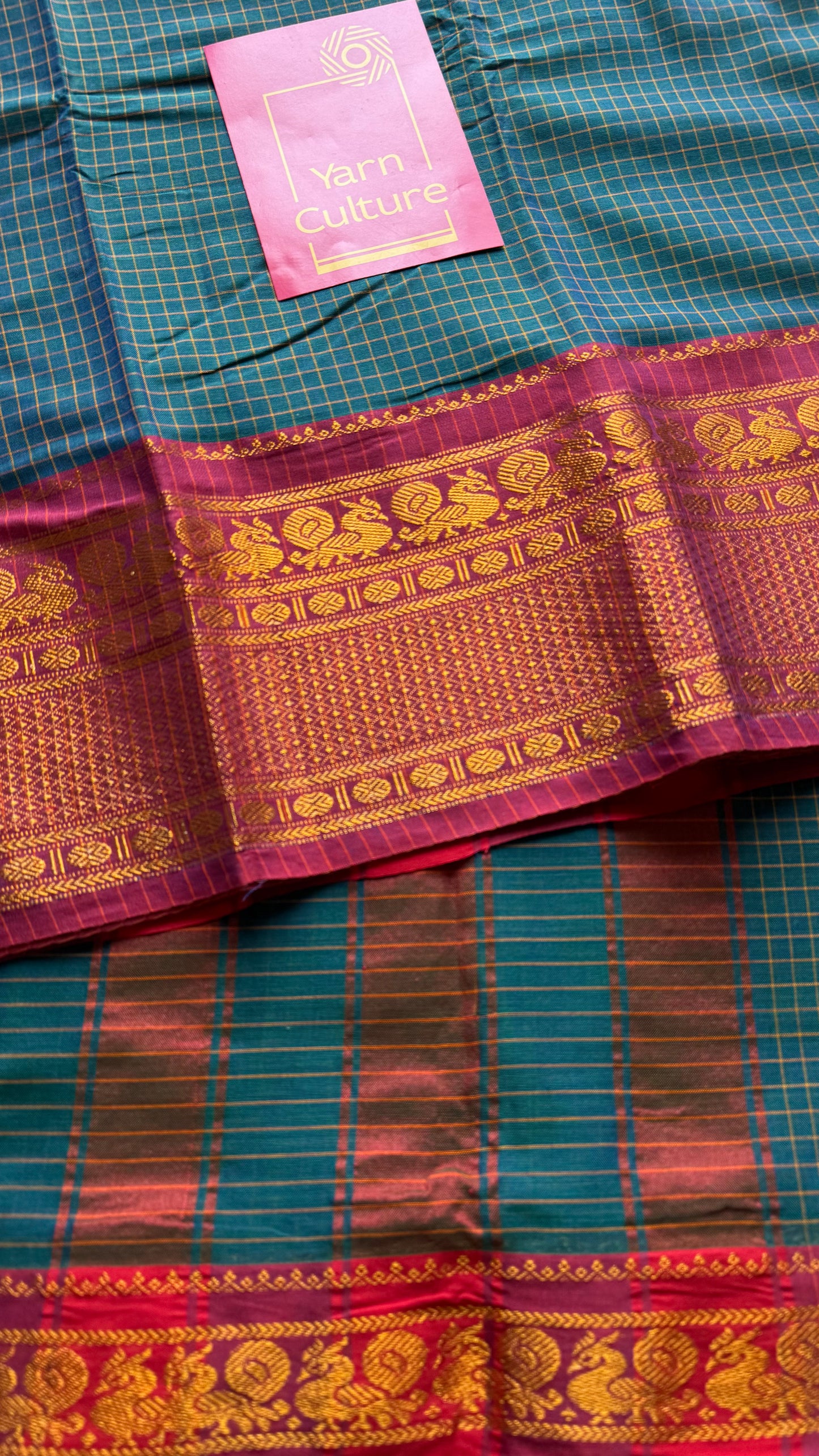 Teal checks with zari border, premium narayanpet, soft cotton - YCWOTDOCNP03
