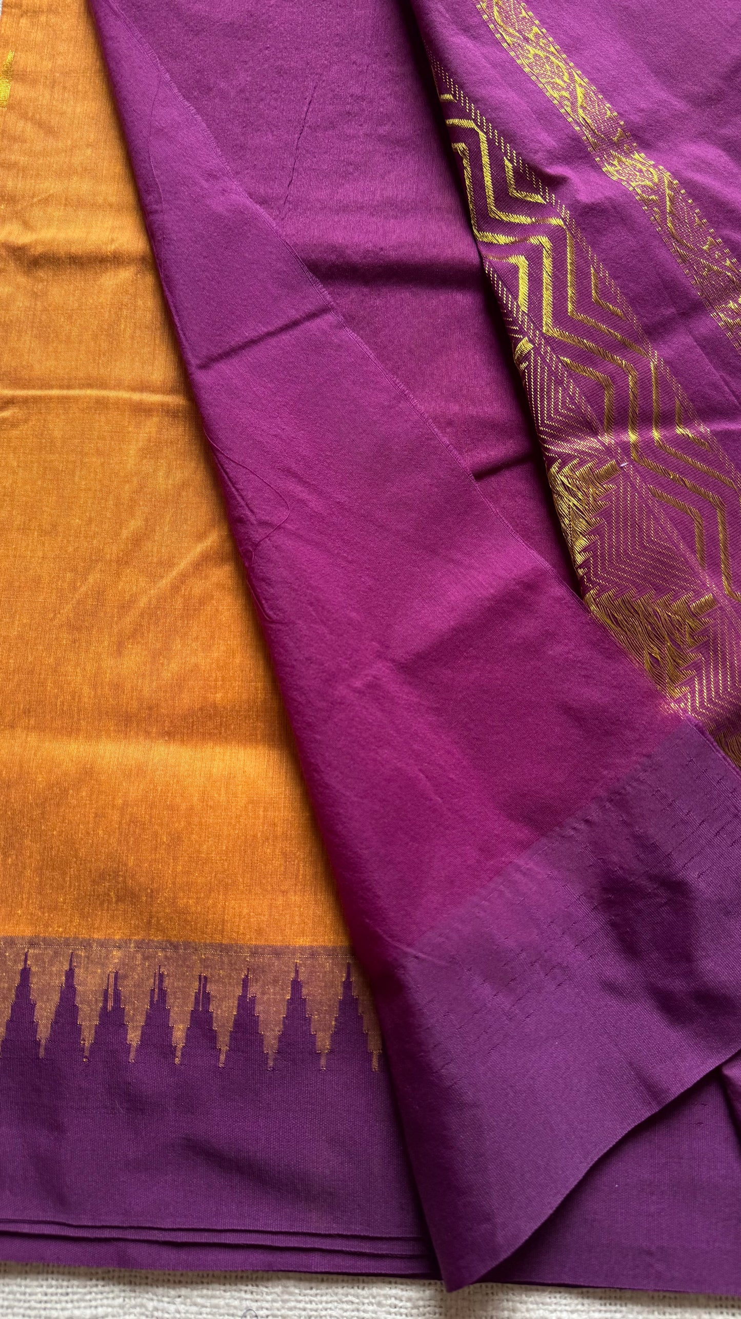 Yellow with purple pink temple border, motifs - cotton silk - YCCOTNSEKCS17