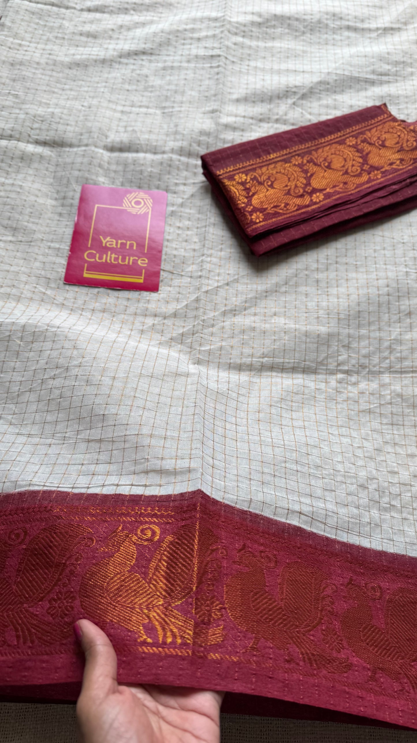 Sungudi cotton checks, ivory gold base, black and maroon dual tone border, soft cotton - YCCOTNAUS35