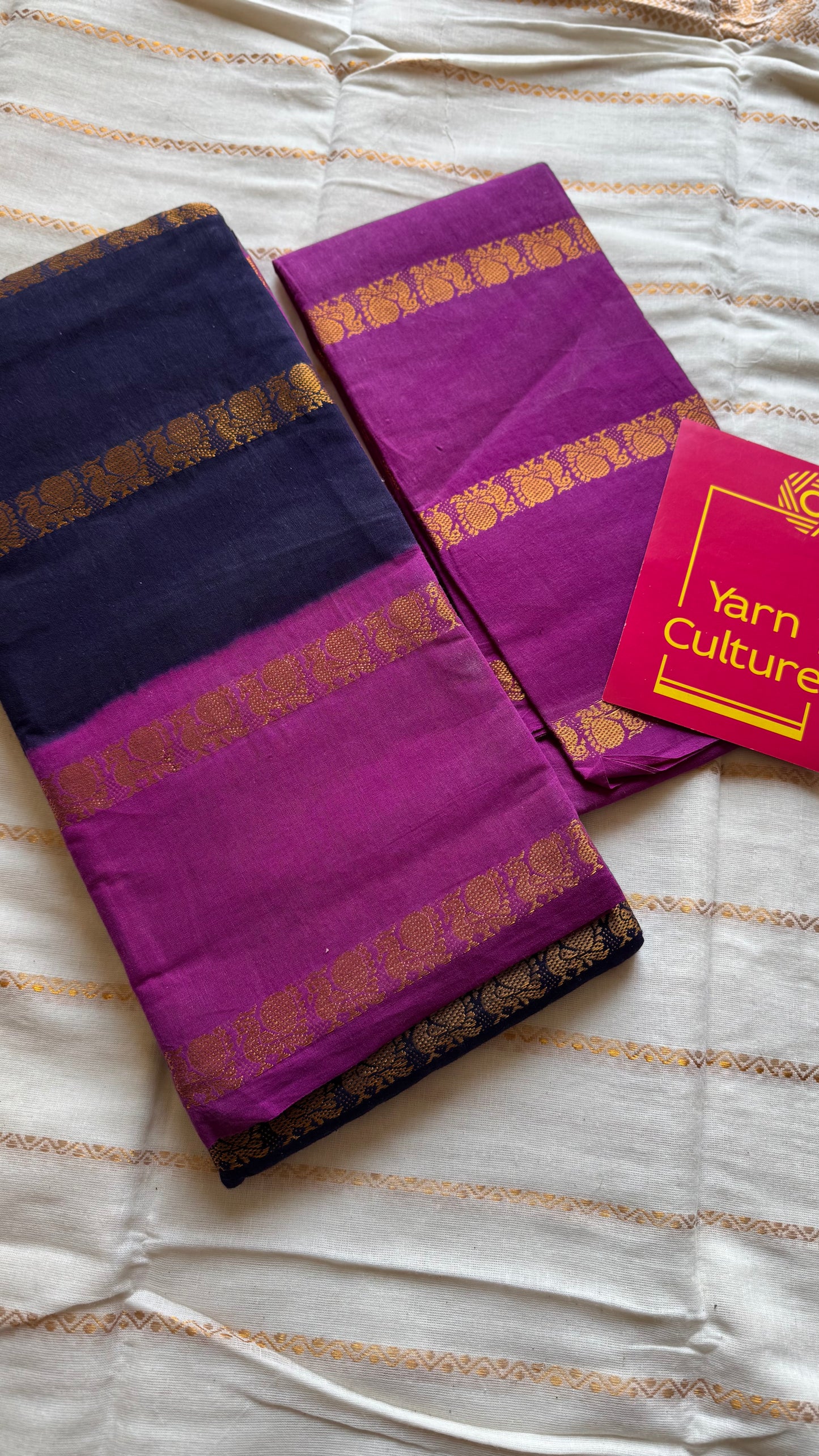 Dark blue with magenta peacock striped sungudi, kattuchayam dyed madurai cotton - YCCOTNMSAP165