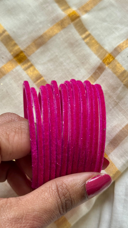 Magenta velvet glass bangles, set of 12 - YCBANGL385