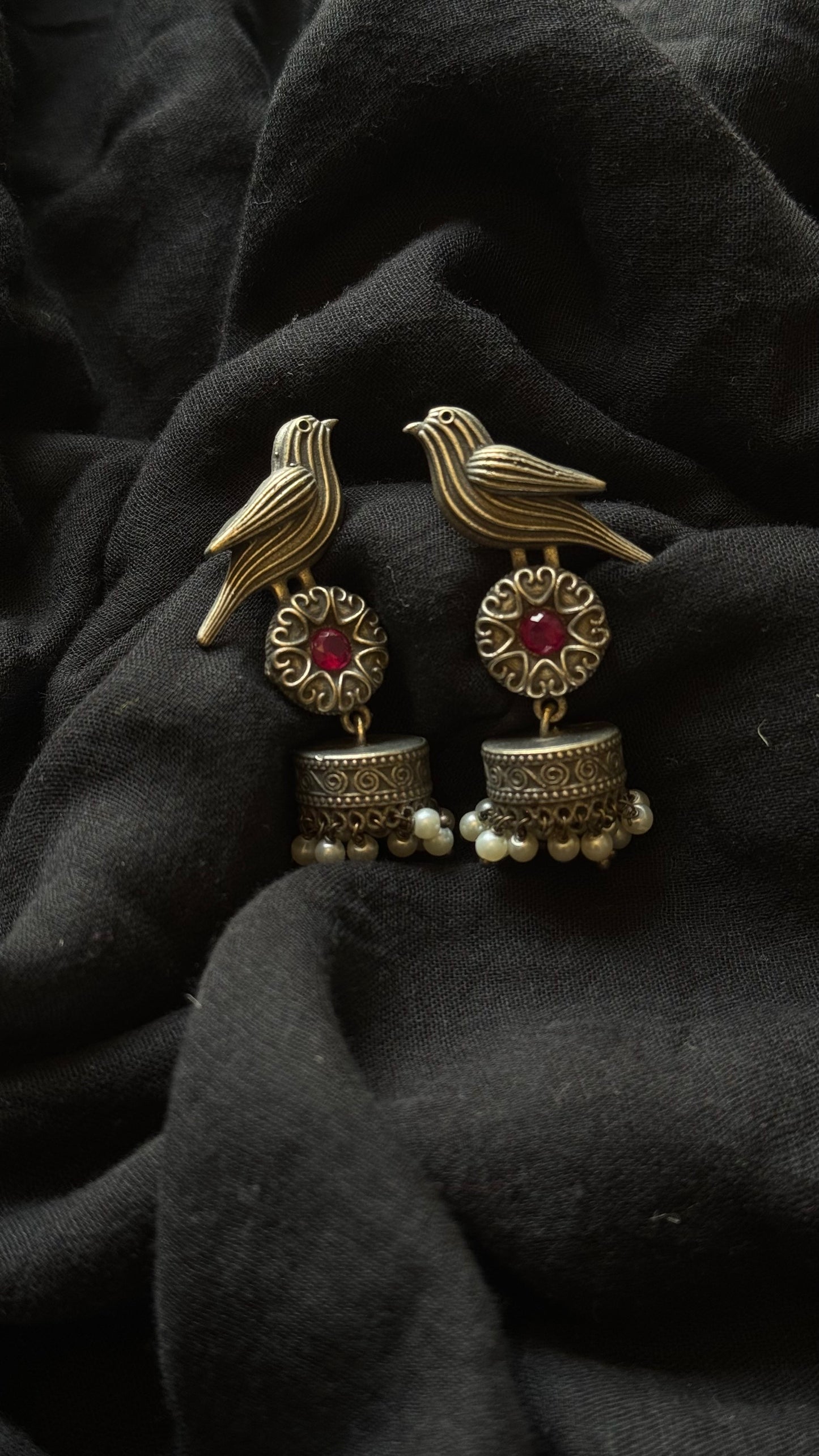 Bird Jhumka, pink stone, black polished oxidised silver - YCOSEJ450