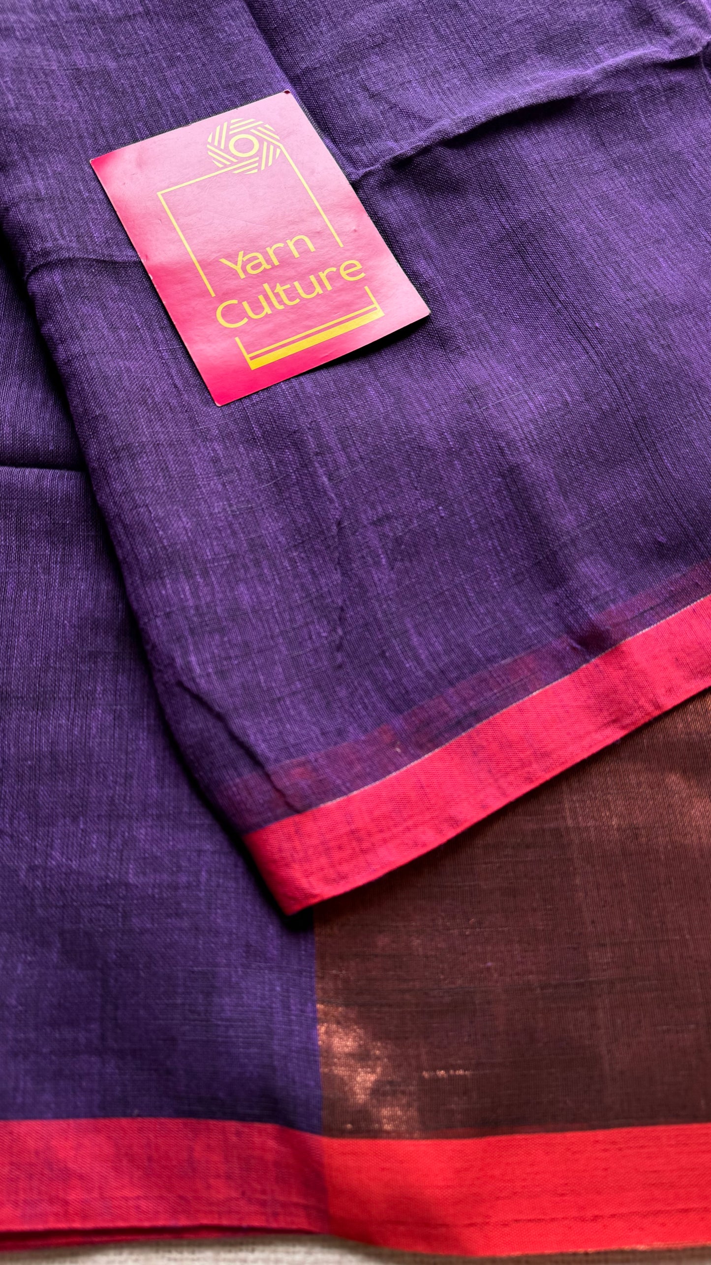 Purple plain linen by cotton saree with copper zari pallu - YCBCLCFE396