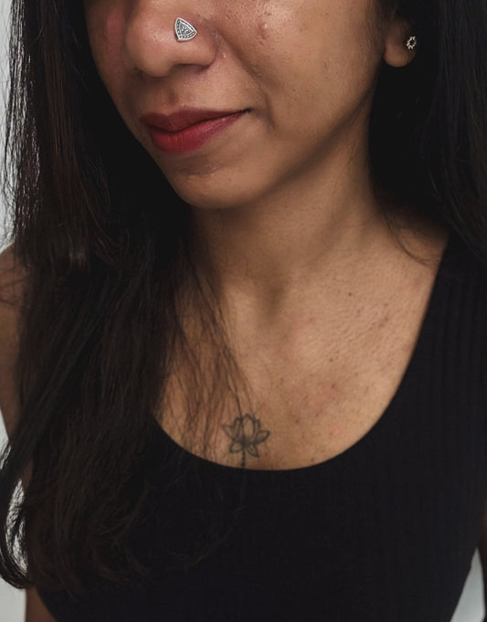 Triangle floral nose pin, intricate pattern in pure silver - YCNPP33